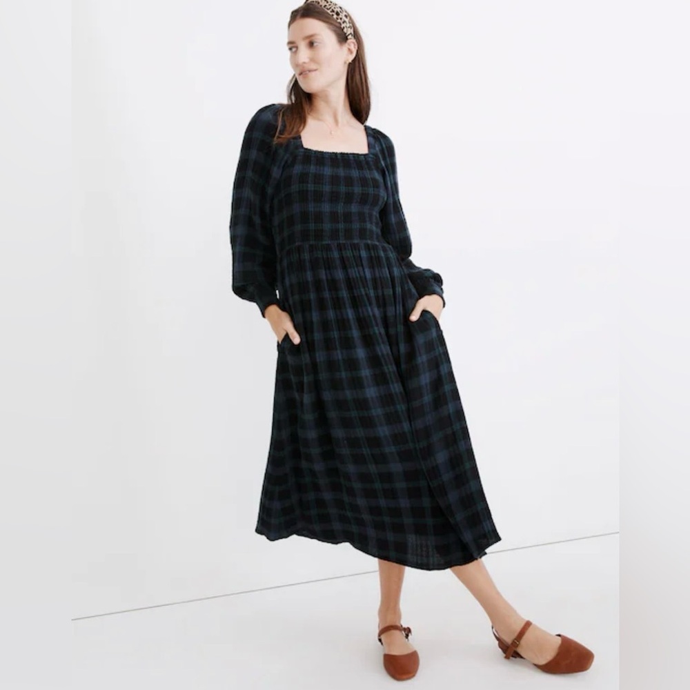 Madewell Womens Lucie Plaid Long-Sleeve Smocked Midi Dress XXS Blue Green Gauze